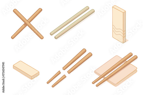 Chopstick Collection. Isometric vector illustration set Chopsticks and Accessories: wooden chopsticks crossed, reusable bamboo