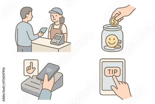 Tip Jar Checkout. Isometric vector illustration set Tip Jar and Checkout Flow: guest at counter ready to pay, change dropped in