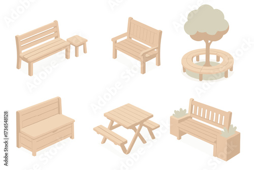Garden Seating Varieties. Isometric vector illustration set Garden Seating Variety: single bench with side table, two facing