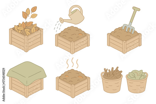 Leaf Composting Icons. Isometric vector illustration set Leaf Composting Process: leaves added to compost bin, watering compost