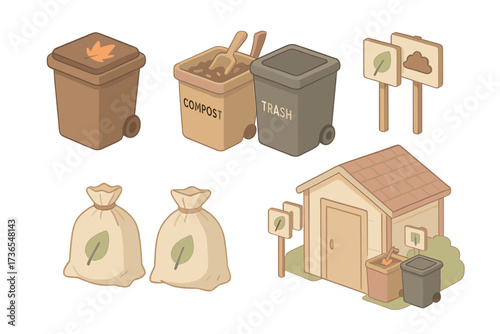 Garden Waste Sorting Station. Isometric vector illustration set Garden Waste Sorting Station: bin for leaves only, separate