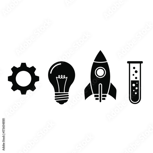 A collection of four black icons representing industry, innovation, space exploration, and scientific research.