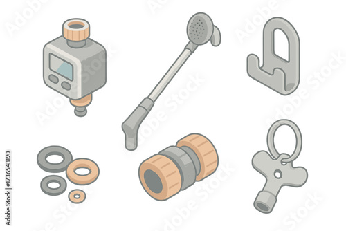Garden Watering Tools. Isometric vector illustration set Garden Watering Accessories: hose timer with digital display, watering