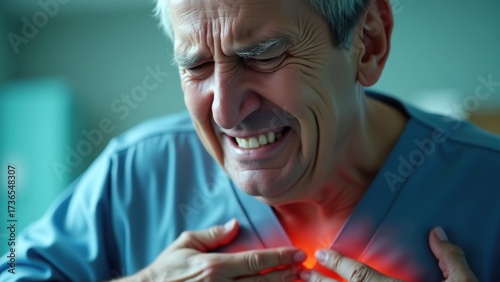 A hyperrealistic close-up of a middle-aged person clutching their chest with a painful grimace, veins visible on their hands. The background is blurred, showing a hospital setting.