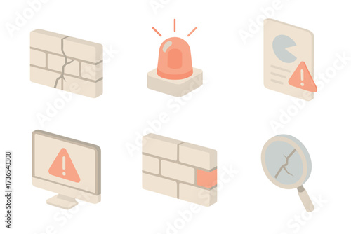 Cybersecurity Breach Icons. Isometric vector illustration set Firewall breach detection: cracked wall icon, red alert siren, log