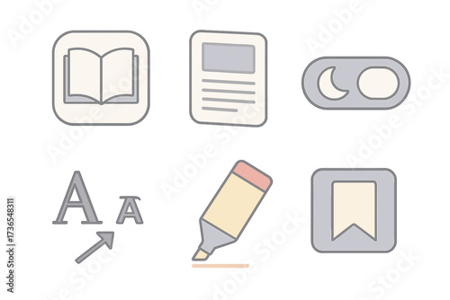 Web Content Reader Icons. Isometric vector illustration set Web content reader tools: reading mode icon, simplified page view,