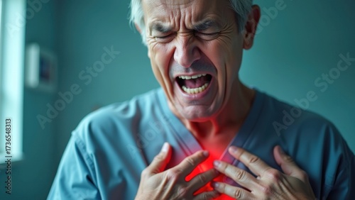A hyperrealistic close-up of a middle-aged person clutching their chest with a painful grimace, veins visible on their hands. The background is blurred, showing a hospital setting.