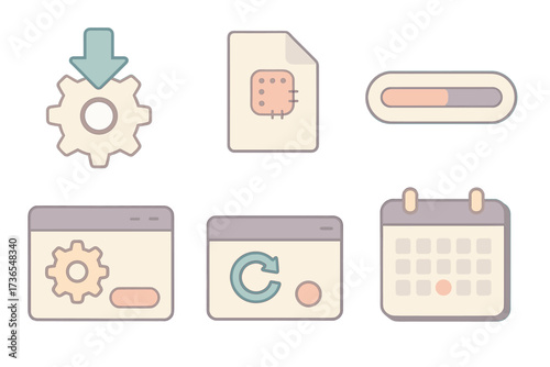 Software Update Icons. Isometric vector illustration set Software update download: system gear with arrow, patch file icon, update