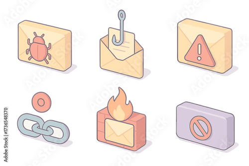 Email Security Icons. Isometric vector illustration set Email threat detection: envelope with bug symbol, phishing attempt icon,