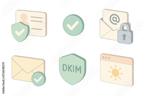 Secure Email Icons. Isometric vector illustration set Safe email verification: green shield over sender name, verified sender tick