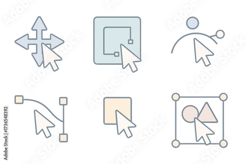Graphic Tool Icons. Isometric vector illustration set Graphic editing cursor actions: move tool with cross arrows, resize corner