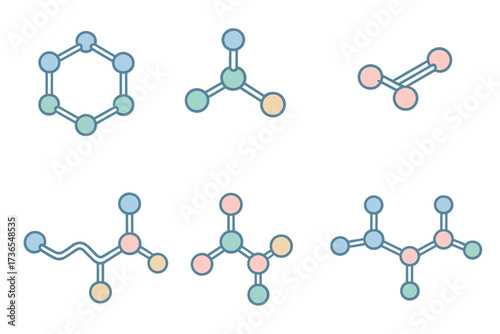 Organic Molecule Structures. Isometric vector illustration set Organic molecule structure: carbon ring model, amino acid skeleton,