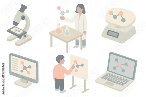 Isometric Chemistry Lab Icons. Isometric vector illustration set Lab study of molecules: microscope with molecule slide, chemistry