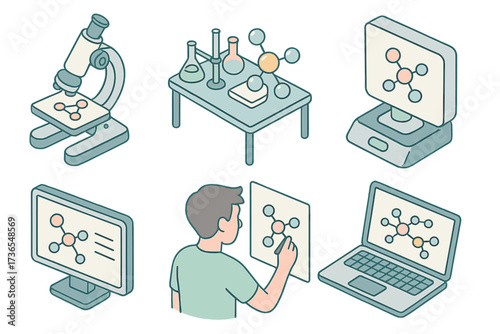 Isometric Chemistry Lab Icons. Isometric vector illustration set Lab study of molecules: microscope with molecule slide, chemistry