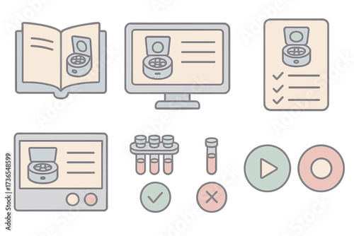 Centrifuge Training Icons. Isometric vector illustration set Centrifuge usage training icons: training manual booklet, animated