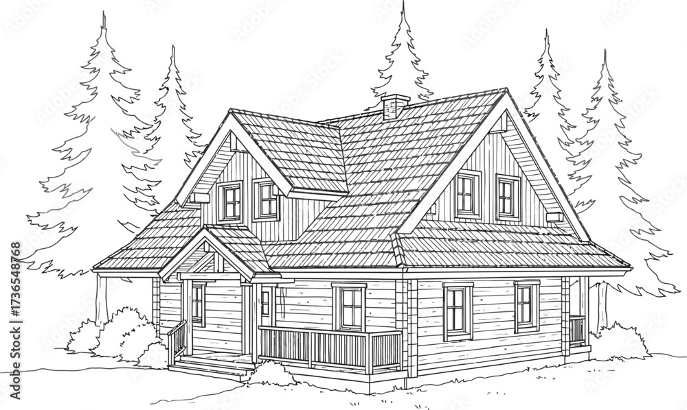 Obraz premium Cabin with Trees, Hand Drawn Architectural Sketch on White