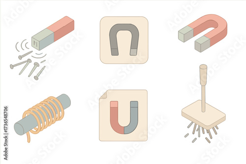 Magnetic Materials Illustration. Isometric vector illustration set Magnetic materials and objects: bar magnet pulling nails,