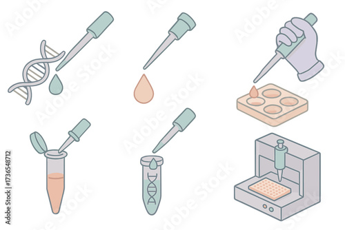 Biotechnology Lab Icons. Isometric vector illustration set Biotechnology pipetting tasks: DNA sample pipetting, enzyme solution