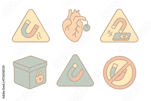 Magnetic Warning Icons. Isometric vector illustration set Magnetic safety and warnings: caution symbol with magnet, pacemaker