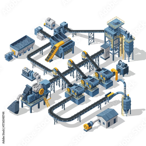 Isometric Industrial Plant with Conveyor Belts and Processing Units.