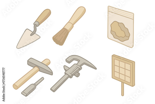 Archaeological Tools Icons. Isometric vector illustration set Archaeological excavation tools: digging trowel icon, excavation