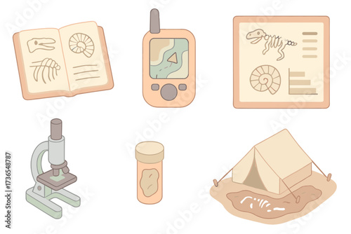 Paleontology Tools Set. Isometric vector illustration set Paleontology research: field notebook with sketches, GPS mapping device,