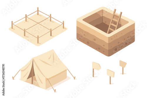 Archaeological Excavation Site. Isometric vector illustration set Excavation site layout: rope grid marking area, labeled