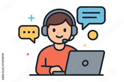 Friendly customer service representative wearing headset working on laptop with speech bubbles