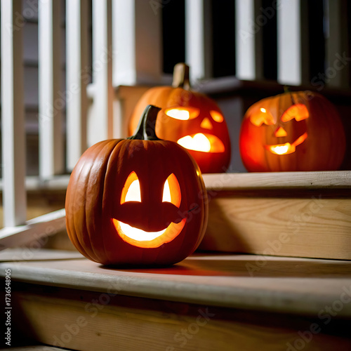 Jack o lanterns glowing on a porch at night for halloween
