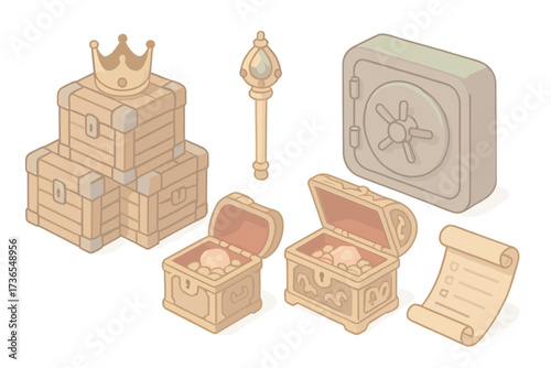Royal Treasury Icons. Isometric vector illustration set Royal treasury storage: chest stacked in vault, golden crown on top,