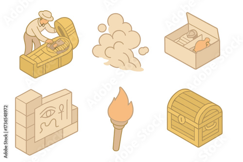 Sarcophagus Discovery Scene. Isometric vector illustration set Sarcophagus discovery scene: archaeologist opening lid, dust rising