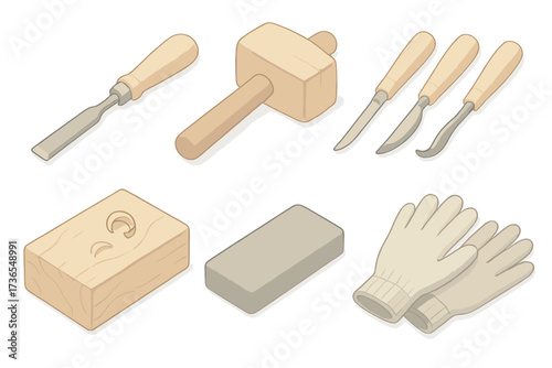 Carving Tool Set. Isometric vector illustration set Carving workshop tools: hand chisel icon, wooden mallet, carving knife set,