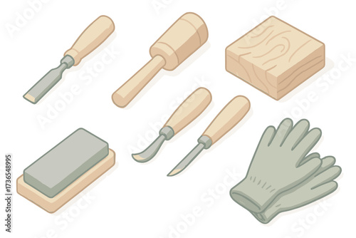 Carving Tool Set. Isometric vector illustration set Carving workshop tools: hand chisel icon, wooden mallet, carving knife set,
