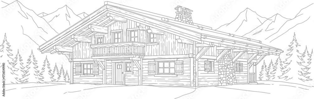 Fototapeta premium Chalet in mountains, line drawing of alpine cabin in winter