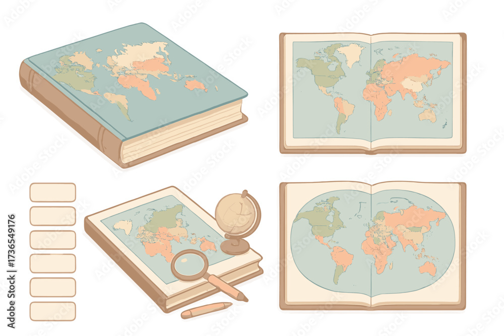 Fototapeta premium Atlas Book Illustration. Isometric vector illustration set atlas book world countries: classroom atlas large format, world map