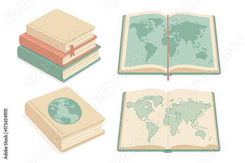 Pastel Atlas Set. Isometric vector illustration set atlas book world countries: stacked atlases different sizes, open atlas