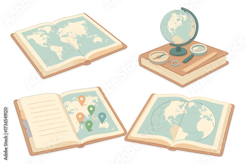Atlas Book Illustration. Isometric vector illustration set atlas book world countries: classroom atlas large format, world map
