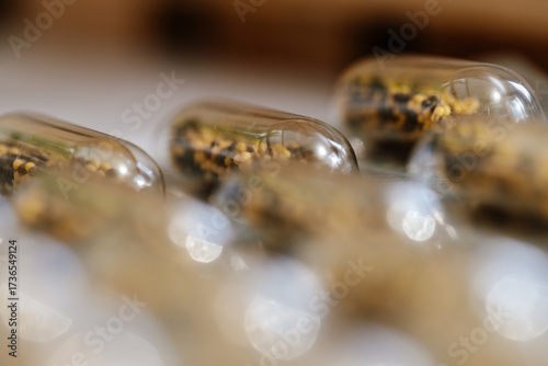 Close up of blister pack with transparent capsules filled with herbal granules. Concept of vitamins, dietary supplements, natural medicine, pharmaceutical products, healthcare and wellness industry
