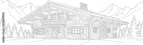 Chalet in mountains, line drawing of alpine cabin in winter