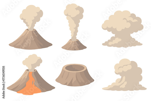 Volcanic Eruption Illustration. Isometric vector illustration set volcanic ash eruption plume: stratovolcano cone shape, smoke