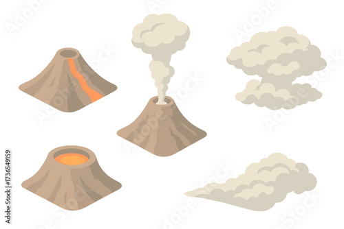 Volcanic Eruption Illustration. Isometric vector illustration set volcanic ash eruption plume: stratovolcano cone shape, smoke