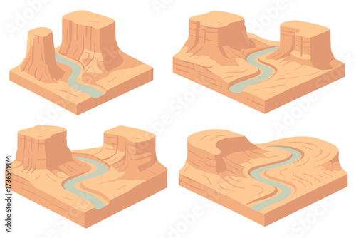 Canyon Erosion Illustration. Isometric vector illustration set canyon erosion river deep: canyon floor with stream, tall cliff