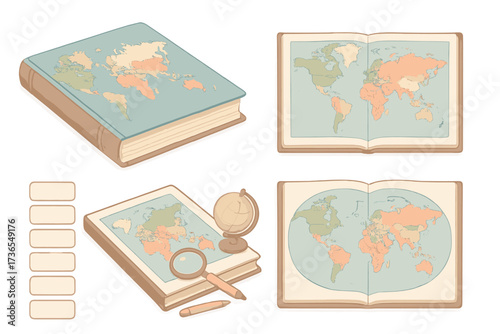 Atlas Book Illustration. Isometric vector illustration set atlas book world countries: classroom atlas large format, world map