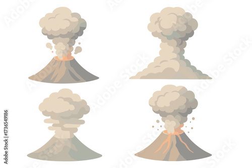 Volcanic Eruption Icons. Isometric vector illustration set volcanic ash eruption plume: volcanic stratocone mountain, ash plume