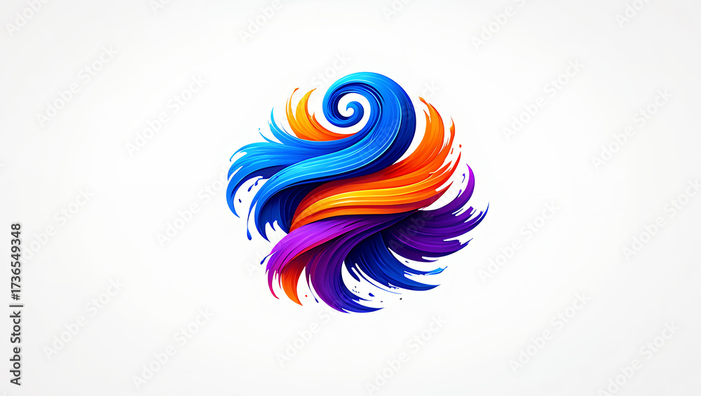 Obraz premium A vibrant, abstract sphere of swirling colorful paint strokes in blue, orange, and purple on a white background.
