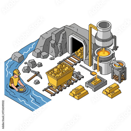 Gold Mining and Processing Operation with Panning and Smelting.