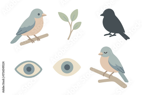 Bird on Branch. Isometric vector illustration set perch branch rest observe: bird perched on branch, twig with leaves, bird