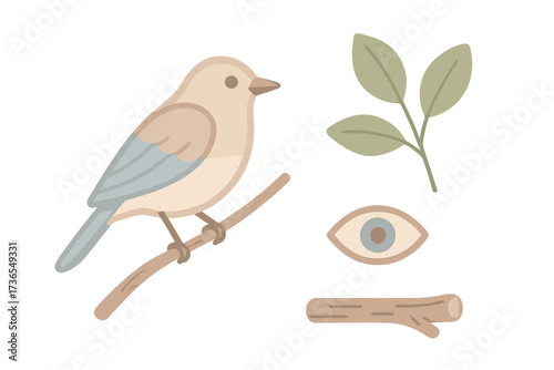 Bird on Branch. Isometric vector illustration set perch branch rest observe: perched bird on slender twig, simple leaf cluster,