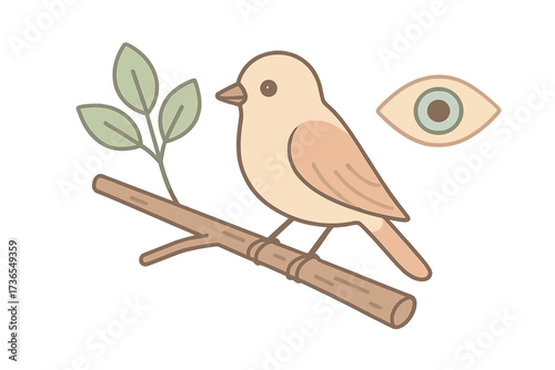 Bird on Branch. Isometric vector illustration set perch branch rest observe: perched bird on slender twig, simple leaf cluster,