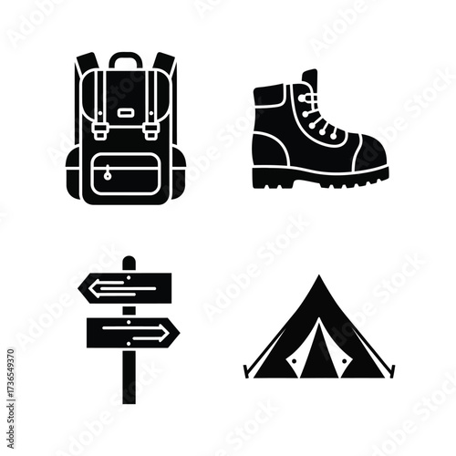 A set of black silhouette icons for outdoor activities including a backpack, hiking boot, trail sign, and tent.
